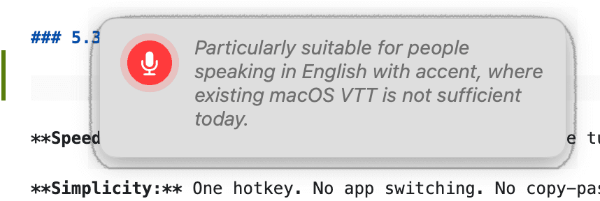 Skribe's floating recording overlay: a red microphone glyph on the left, with italic live transcript text streaming on the right.