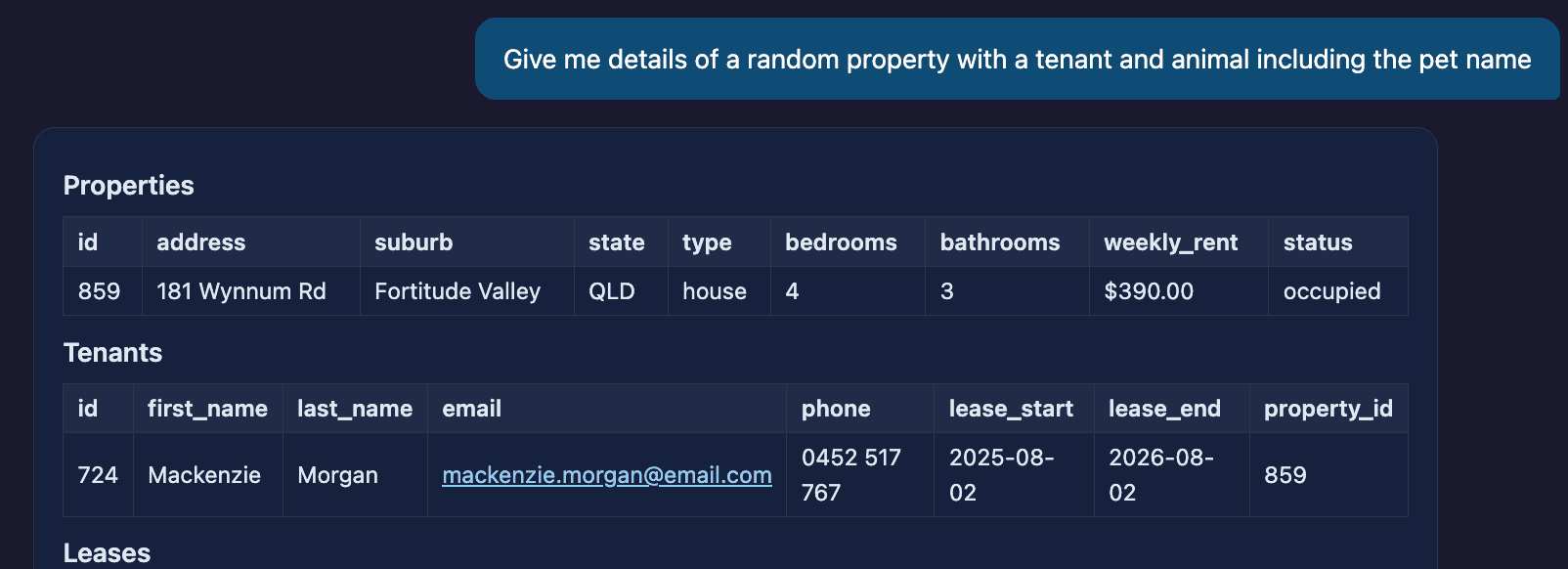 A second attempt at the query: 'Give me details of a random property with a tenant and animal including the pet name.' The model now returns three sections — Properties (property 859 at 181 Wynnum Rd, Fortitude Valley), Tenants (Mackenzie Morgan, with email, phone, and lease dates), and the start of a Leases section.